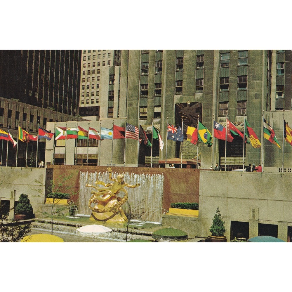 Vintage Rockefeller Center Prometheus Postcard NYC Flags Chrome Retro Travel